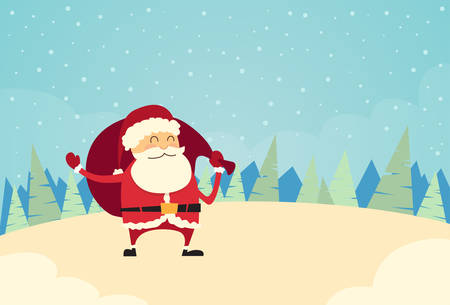 Santa Claus Hold Sack Winter Snow Forest Christmas Holiday Copy Space Flatのイラスト素材