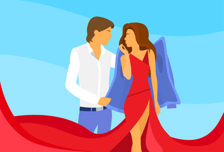 Couple Man Gentleman Cover Jacket Suit Woman in Red Dress Love Concept Flat のイラスト素材