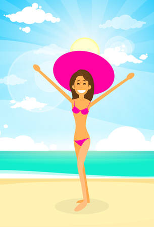 Woman On Summer Beach Flat Design のイラスト素材