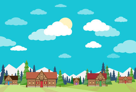 Village Summer Landscape Houses Green Grass Blue Sky Flat のイラスト素材