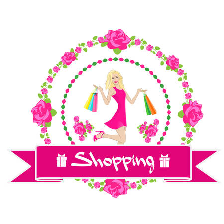 Shopping Woman With Bags Wear Pink Dress Rose Flower Sale Banner のイラスト素材