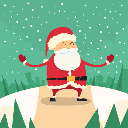 Santa Claus Happy Standing Winter Snow Forest Road Christmas Holiday Flat Illustrationのイラスト素材