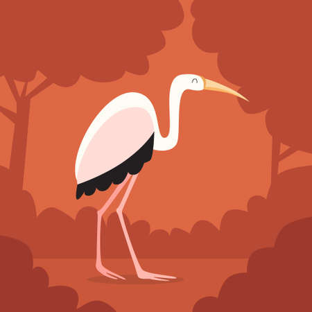 Heron White Bird Orange Forest Background Flat Illustrationのイラスト素材