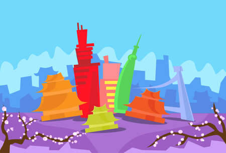 Tokyo Abstract Skyline City Skyscraper Silhouette Flat Colorful Illustrationのイラスト素材