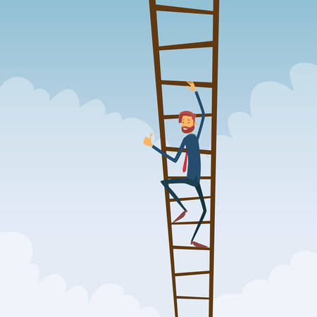 Businessman Climb Up Ladder Stairs, Concept Business Man Sky Clouds Flat Vector Illustrationのイラスト素材