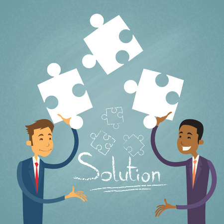 Business People Solution Solve Puzzle Two Businessman Mix Race Cooperation Collaboration Colleagues Retro Vector Illustrationのイラスト素材