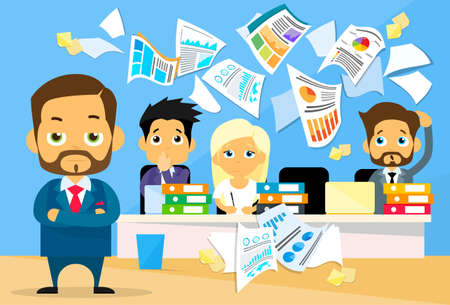 Business People Conflict Problem, Boss Team Working Throw Papers, Documents Fly Concept  Negative Emotion, Businesspeople Desk Office Flat Vector Illustrationのイラスト素材