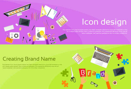 Icon Designer Drawing Desk Workspace Brand Name Concept Creative Businessman Desk Flat Vector Illustrationのイラスト素材