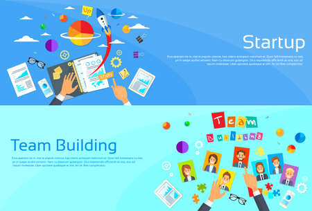 Start Up Concept Businessman Hands Desk New Business Plan Documents Team Building Photos Person Profile Flat Vector Illustrationのイラスト素材