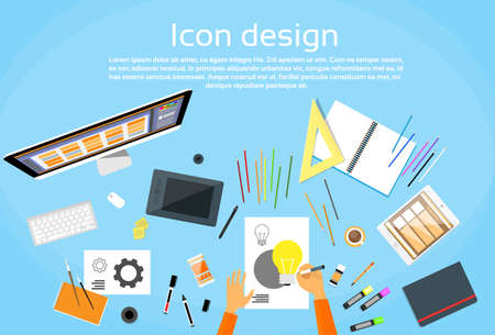 Icon Designer Drawing Desk Workspace Flat Vector Illustrationのイラスト素材