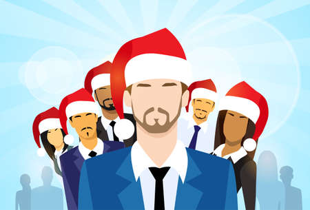 Businessmen with Group of Business People New Year Christmas Hat Corporate Party Holiday Team Flat Vector Illustrationのイラスト素材