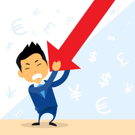 Businessman Hold Financial Graph Red Arrow Negative Fall Down Flat Vector Illustrationのイラスト素材
