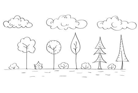 Forest Tree Woods Sketch Simple Line Child Hand Drawing Vector Illustrationのイラスト素材