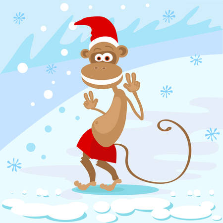 Monkey Happy Smile Wear Santa Hat Show Peace Two Fingers New Year Sign Asian Horoscope Merry Christmas Flat Vector Illustrationのイラスト素材