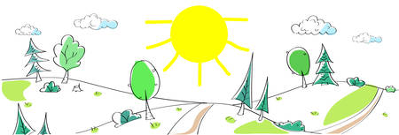 Summer Landscape Mountain Forest Road Sun Green Grass Tree Woods Sketch Simple Line Child Hand Drawing Vector Illustrationのイラスト素材