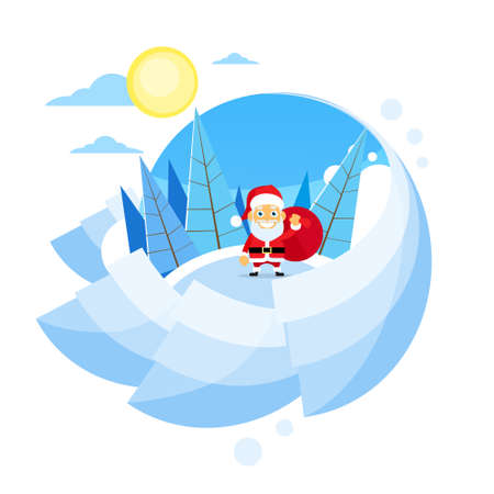 Santa Clause Christmas Cartoon Character Winter Forest Landscape, Pine Snow Trees Woods Snow Green Tree Blue Sky Sun Landscape Circle Bannerのイラスト素材