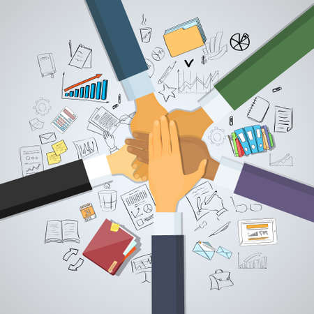 Hands Desk Team Leader Business People Pile Hand Stack On Each Other, Businesspeople Colleagues Success Collaboration Leader Doodle Hand Draw Sketch Concept Vector Illustrationのイラスト素材