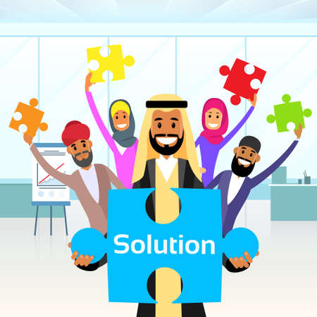 Business People Arab Group Hold Jigsaw Puzzle Piece Concept of Solution Arabic Team Vector Illustrationのイラスト素材