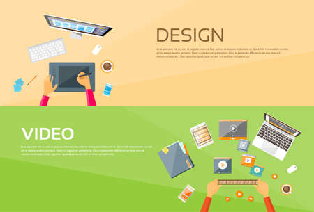 Video Editor Workplace Hands Laptop Player Web Banner Set Flat Vector Illustrationのイラスト素材