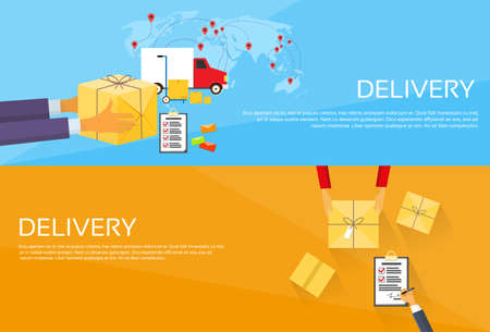 Delivery Service Package Box Receiving Courier Hands Customer Web Banner Set Flat Vector Illustrationのイラスト素材