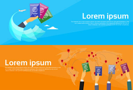 Passport Icon Hand Travel Document Vacation Trip Booking Air Plane Flight Logo Web Banner Set Flat Vector Illustrationのイラスト素材