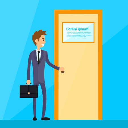 Businessman Stand Hold Handle Open Door Concept Flat Vector Illustrationのイラスト素材