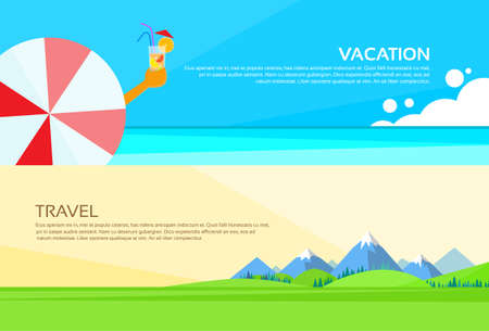 Umbrella Cocktail Summer Vacation Holiday Mountain Green Grass Landscape Web Banner Set Flat Vector Illustrationのイラスト素材