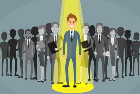 Businessman Spotlight Human Resource Recruitment Candidate, Business People Hire Concept Flat Vector Illustrationのイラスト素材