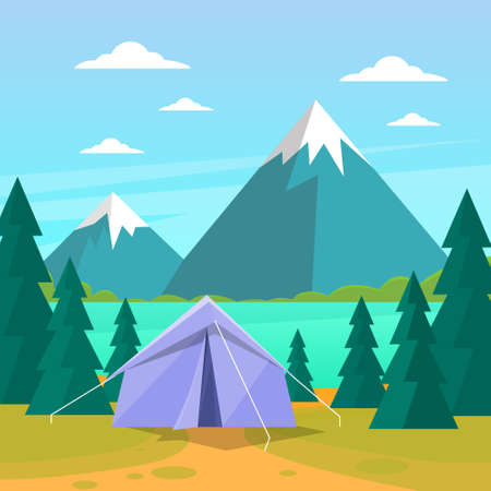 Tent Camping Tourist Forest Mountain Expedition Flat Vector Illustrationのイラスト素材