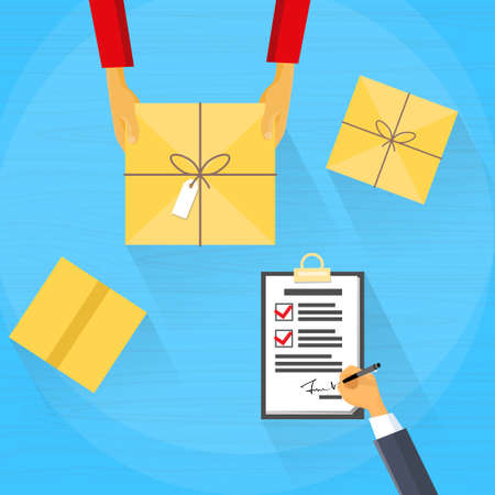 Delivery Service Package Box Receiving Courier Hands Customer Sign Up Flat Vector Illustrationのイラスト素材