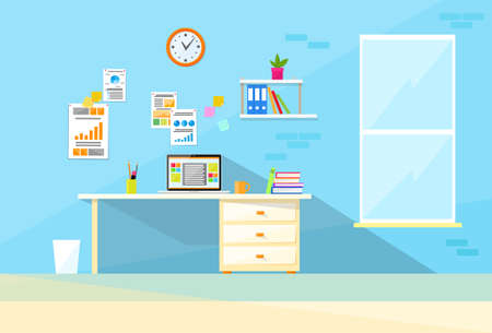 Desk Laptop Working Place Home Room Interior Flat Vector Illustrationのイラスト素材