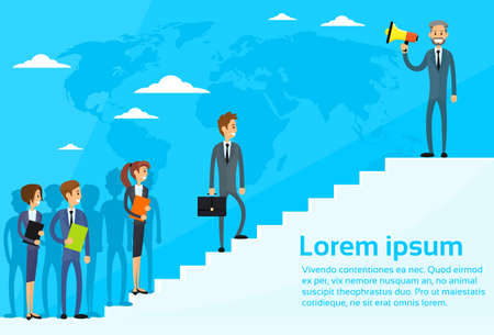 Businessman Boss Hold Megaphone Loudspeaker Colleagues Business People Team Group Walking Up Stairs Flat Vector Illustrationのイラスト素材