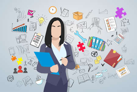 Businesswoman Over Doodle Hand Draw Sketch Concept Background Business Woman Vector Illustrationのイラスト素材