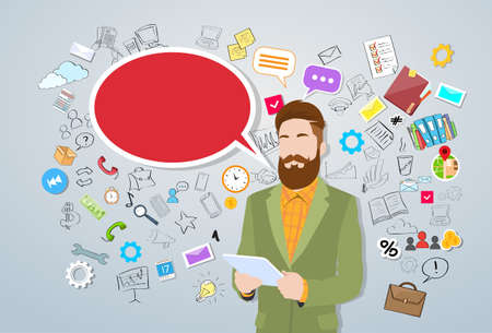 Businessman Using Tablet Computer Man Hipster Style Fashion Guy Over Sketch Background Concept Send Message Internet Texting Chat Bubble Communication Vector Illustrationのイラスト素材