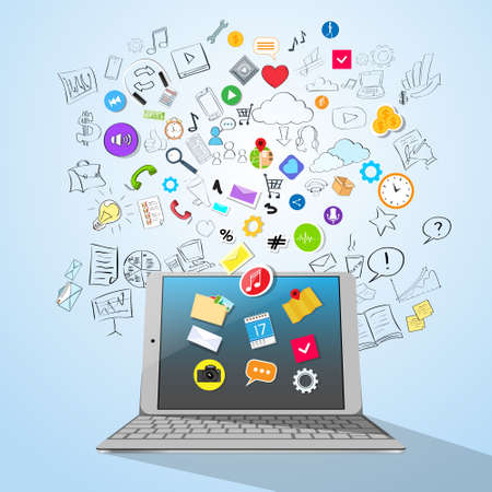Tablet Computer Concept Doodle Hand Draw Icon Sketch Flat Vector Illustrationのイラスト素材
