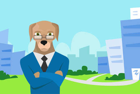 Dog Business Suit Over City Flat Vector Illustrationのイラスト素材