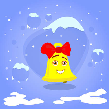 Christmas Bell Smile Cartoon Character Concept Snow Background Flat Vector Illustrationのイラスト素材