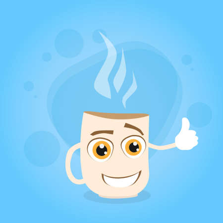 Cup Coffee White Cartoon Character Smile Concept Tea Mug With Steam Flat Vector Illustrationのイラスト素材