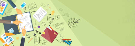 Business People Working Finance Graph Sketch Desk Top View Web Banner Flat Vector Illustrationのイラスト素材