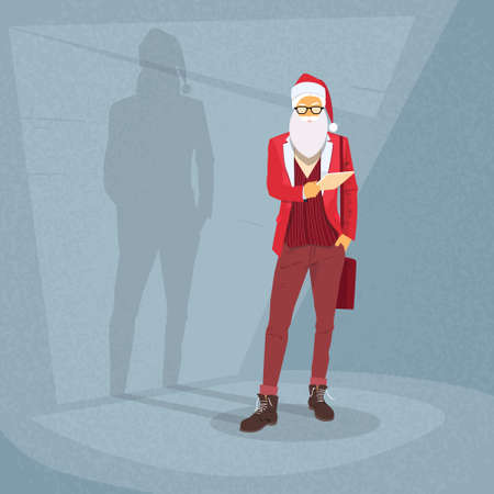 Cartoon Santa Claus Hipster Style Fashion Guy Happy New Year Merry Christmas Shadow Silhouette Open Door Retro Shape Flat Vector Illustrationのイラスト素材