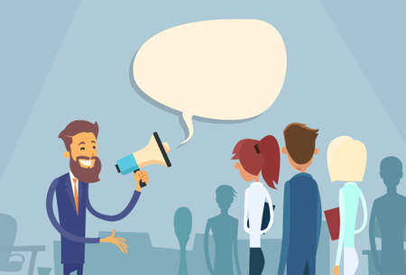 Businessman Boss Hold Megaphone Loudspeaker Colleagues Business People Team Group Working Office...