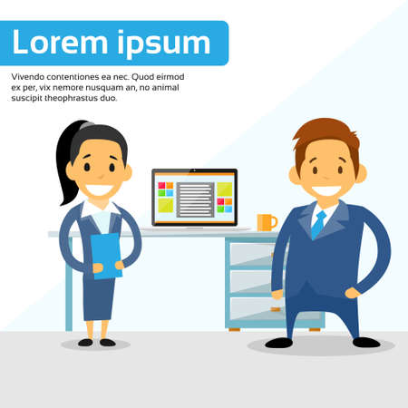 Business People Man and Woman Cartoon Character Businessman Laptop Office Desk Flat Vector Illustrationのイラスト素材
