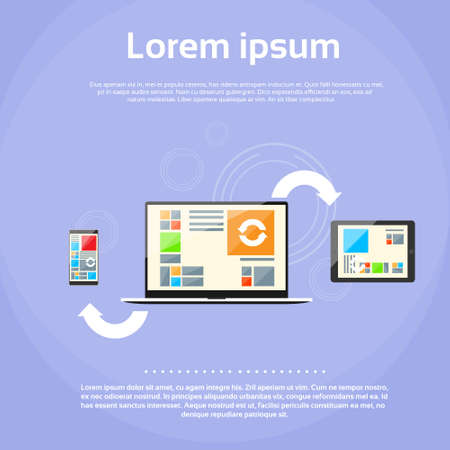 Laptop Computer Tablet Phone Synchronize Internet Cloud Technology Flat Vector Illustrationのイラスト素材