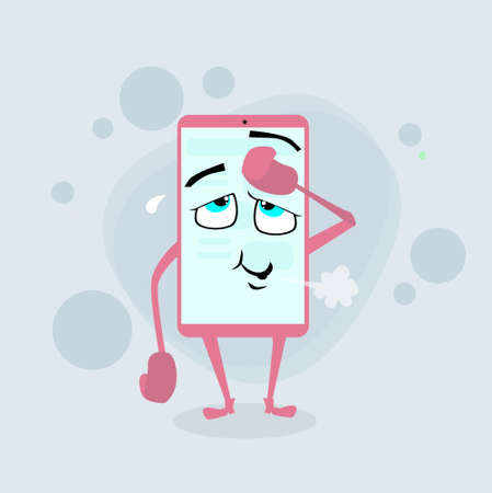 Smart Cell Phone Pink Cartoon Character Tired Overworked Flat Illustrationのイラスト素材