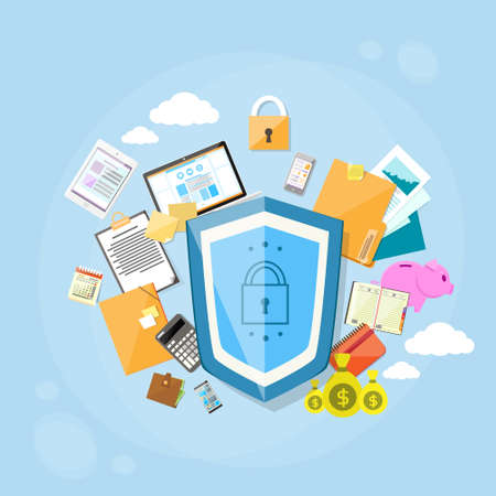 Shield Safe Data Protection Concept Privacy Computer Internet Information Security Flat Banner...