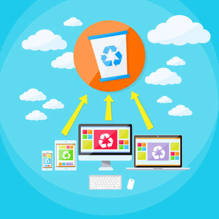 Recycle Bin Trash Bucket Laptop Phone and Tablet Cloud Synchronize Flat Vector Illustration