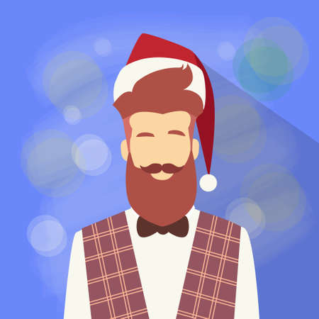 Profile Icon Male New Year Christmas Holiday Red Santa Hat Avatar Portrait Casual Person Hipster Style Fashion Cartoon Guy Beard Silhouette Face Flat Design Vector Illustrationのイラスト素材