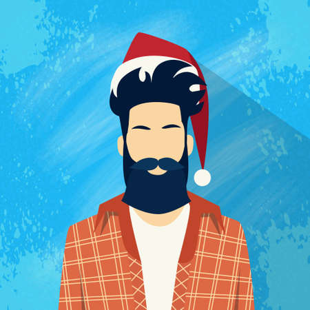 Profile Icon Male New Year Christmas Holiday Red Santa Hat Avatar Portrait Casual Person Hipster Style Fashion Cartoon Guy Beard Silhouette Face Flat Design Vector Illustrationのイラスト素材