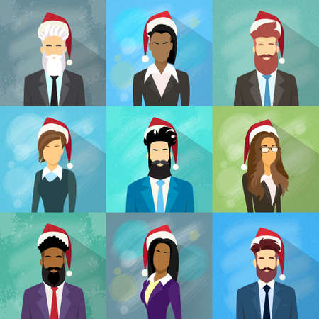 Profile Avatar Set Icon Businesspeople New Year Christmas Holiday Red Santa Hat  Portrait Business People Collection Face Flat Vector Illustrationのイラスト素材