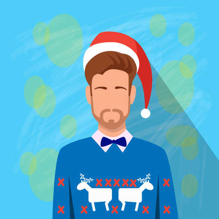 Profile Icon Male New Year Christmas Holiday Red Santa Hat Avatar Portrait Casual Person Hipster Style Fashion Cartoon Guy Beard Silhouette Face Flat Design Vector Illustrationのイラスト素材